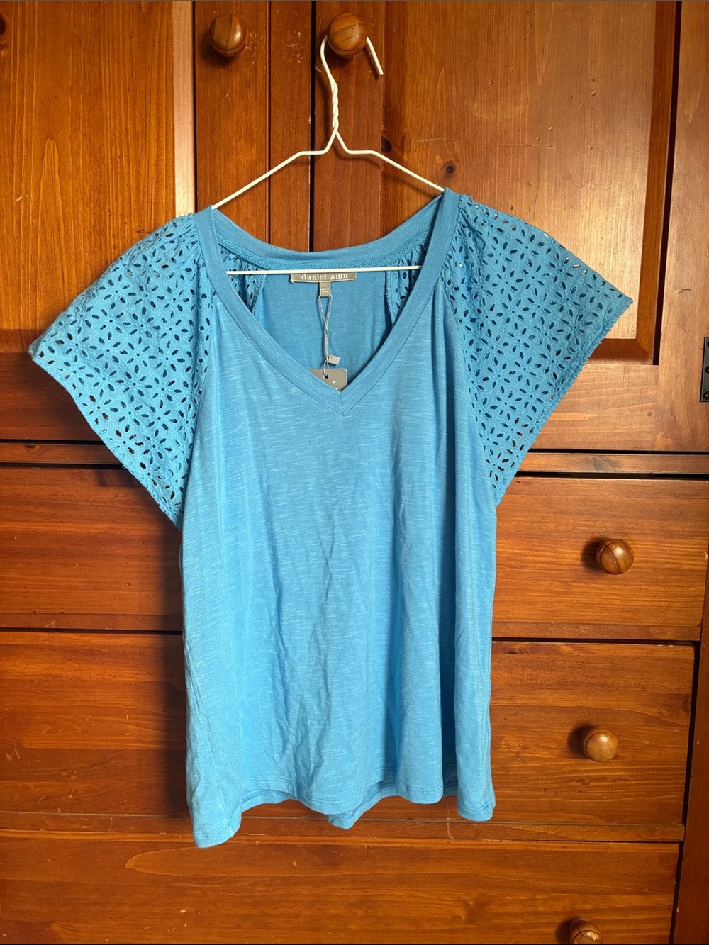 Daniel Rainn Blue V-Neck Tee with Eyelet Short Sleeves